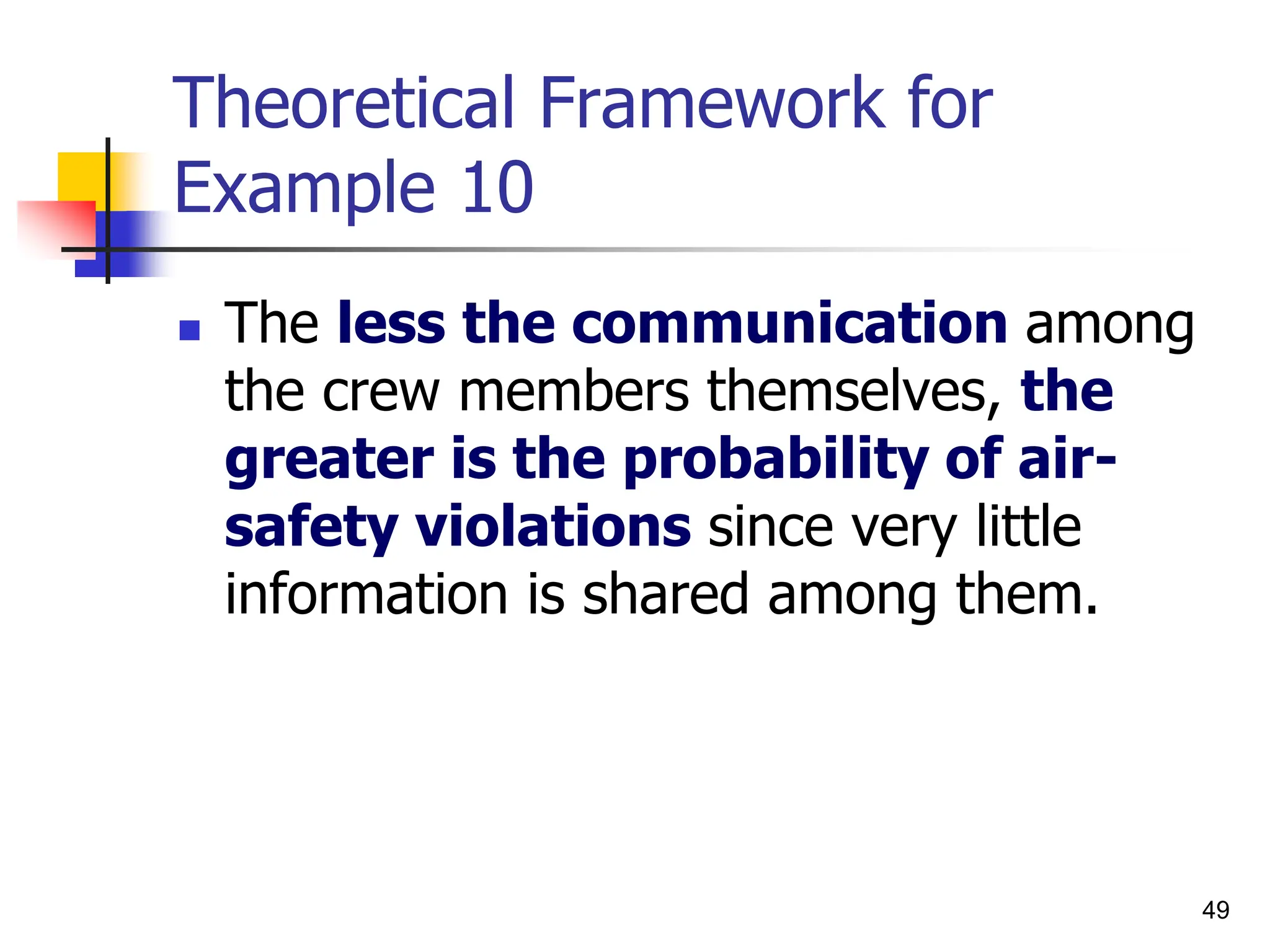 49
Theoretical Framework for
Example 10
 The less the communication among
the crew members themselves, the
greater is the probability of air-
safety violations since very little
information is shared among them.
 
