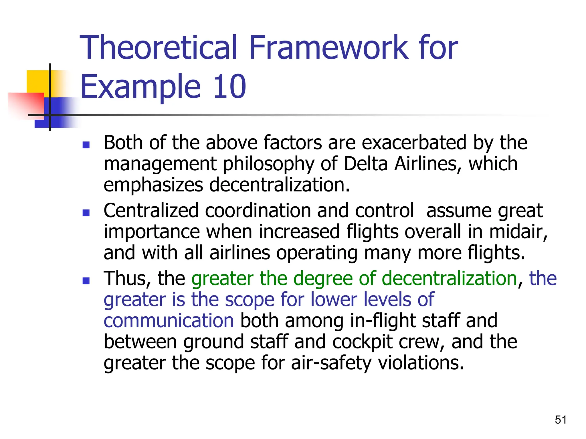 51
Theoretical Framework for
Example 10
 Both of the above factors are exacerbated by the
management philosophy of Delta Airlines, which
emphasizes decentralization.
 Centralized coordination and control assume great
importance when increased flights overall in midair,
and with all airlines operating many more flights.
 Thus, the greater the degree of decentralization, the
greater is the scope for lower levels of
communication both among in-flight staff and
between ground staff and cockpit crew, and the
greater the scope for air-safety violations.
 