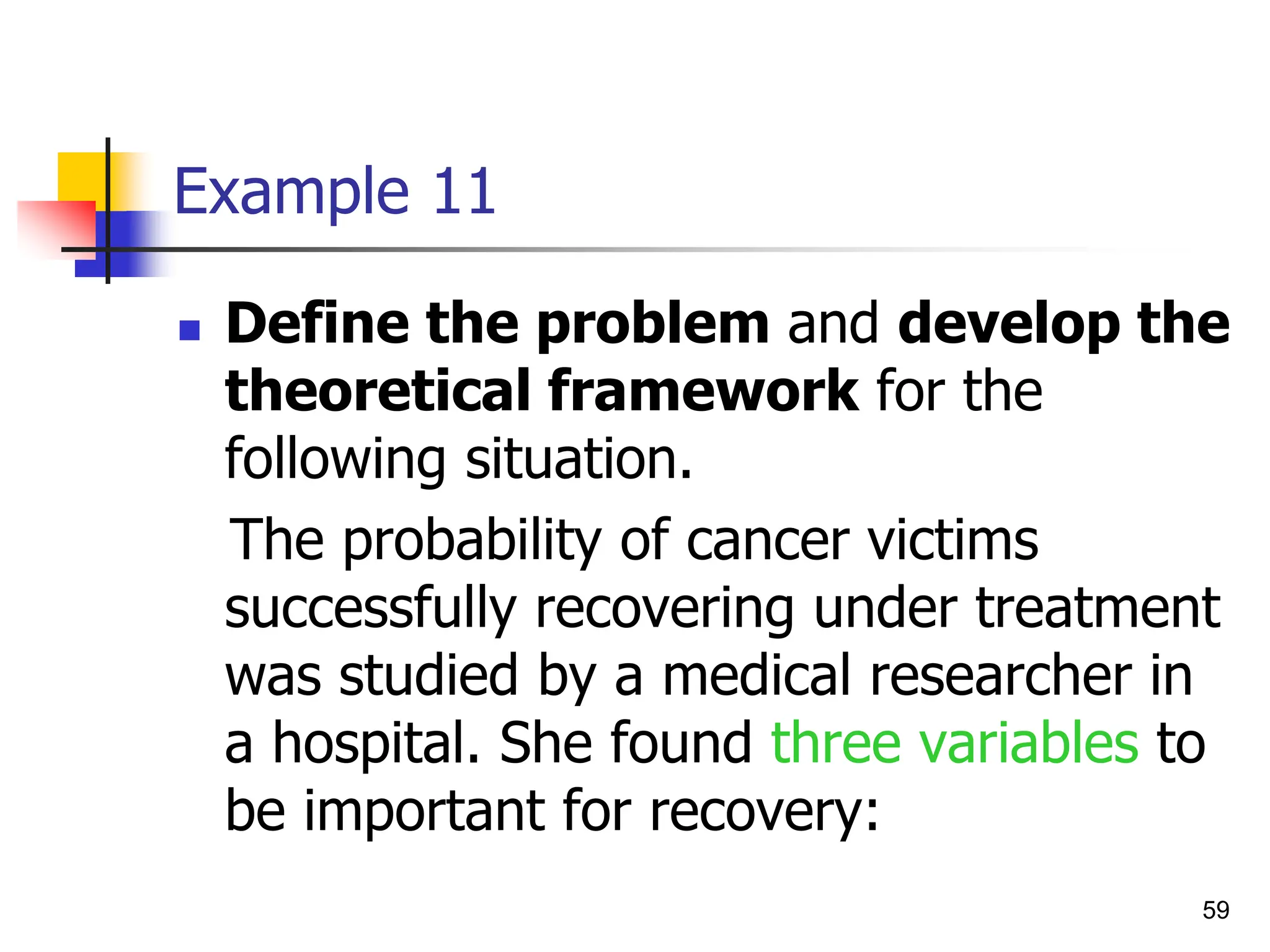 59
Example 11
 Define the problem and develop the
theoretical framework for the
following situation.
The probability of cancer victims
successfully recovering under treatment
was studied by a medical researcher in
a hospital. She found three variables to
be important for recovery:
 