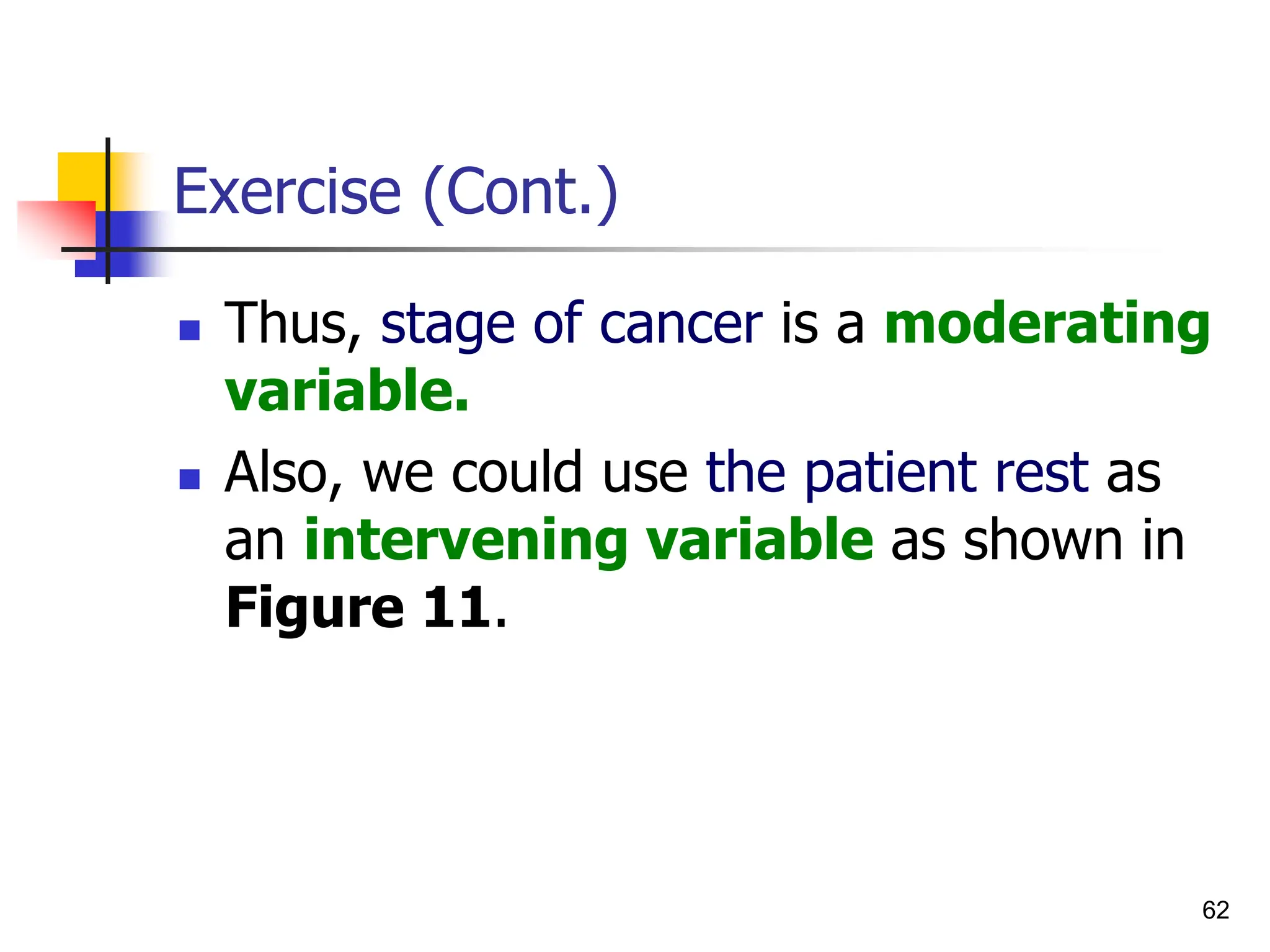 62
Exercise (Cont.)
 Thus, stage of cancer is a moderating
variable.
 Also, we could use the patient rest as
an intervening variable as shown in
Figure 11.
 