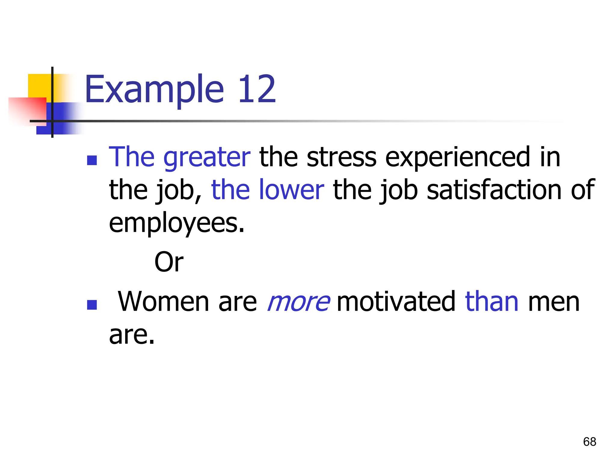 68
Example 12
 The greater the stress experienced in
the job, the lower the job satisfaction of
employees.
Or
 Women are more motivated than men
are.
 