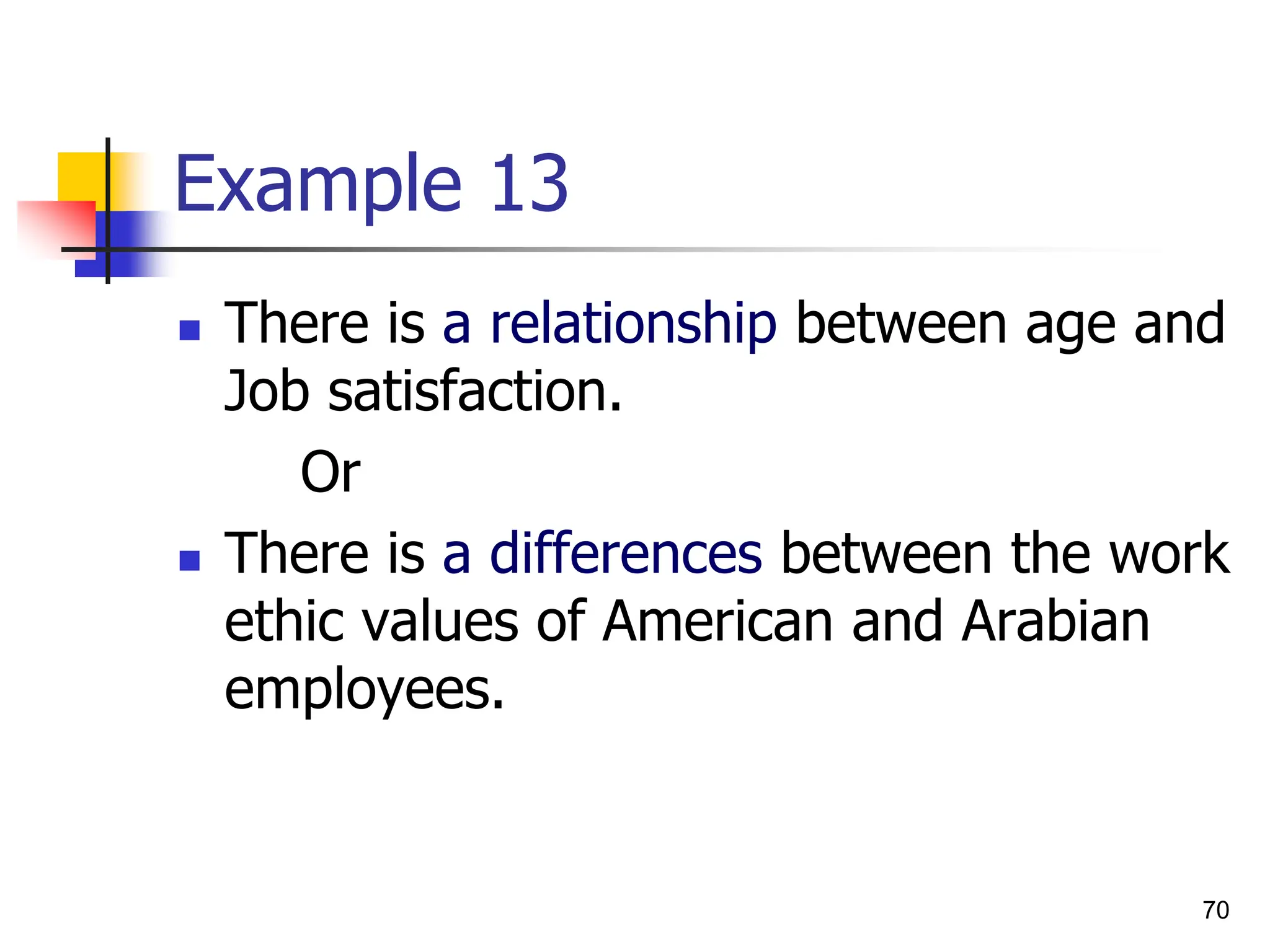 70
Example 13
 There is a relationship between age and
Job satisfaction.
Or
 There is a differences between the work
ethic values of American and Arabian
employees.
 