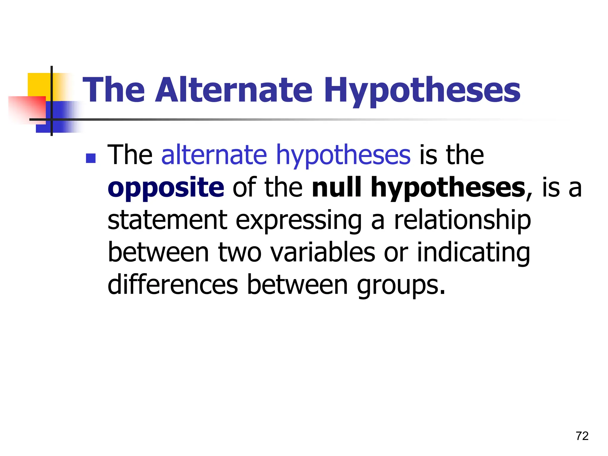 72
The Alternate Hypotheses
 The alternate hypotheses is the
opposite of the null hypotheses, is a
statement expressing a relationship
between two variables or indicating
differences between groups.
 