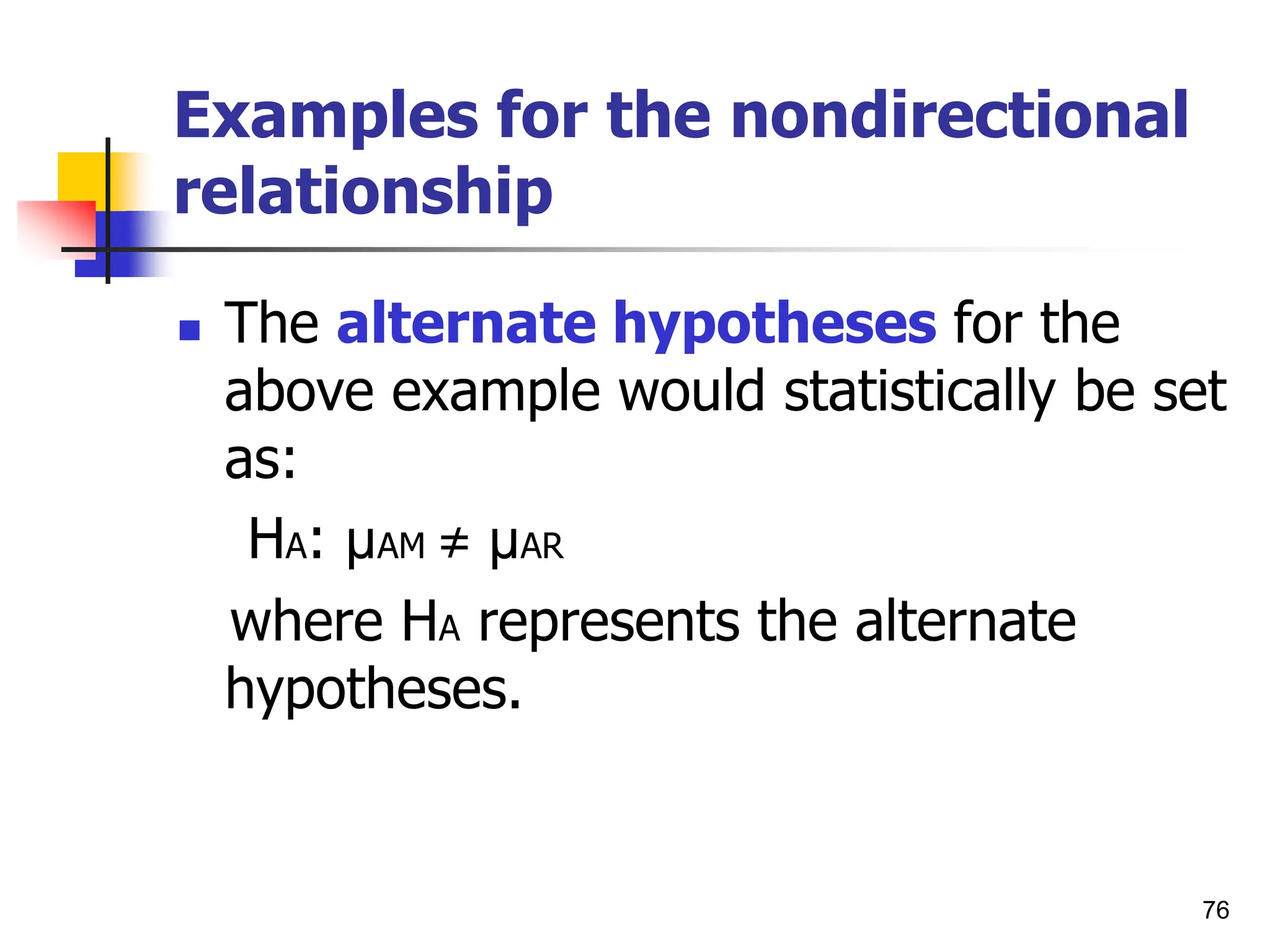 76
Examples for the nondirectional
relationship
 The alternate hypotheses for the
above example would statistically be set
as:
HA: µAM ≠ µAR
where HA represents the alternate
hypotheses.
 