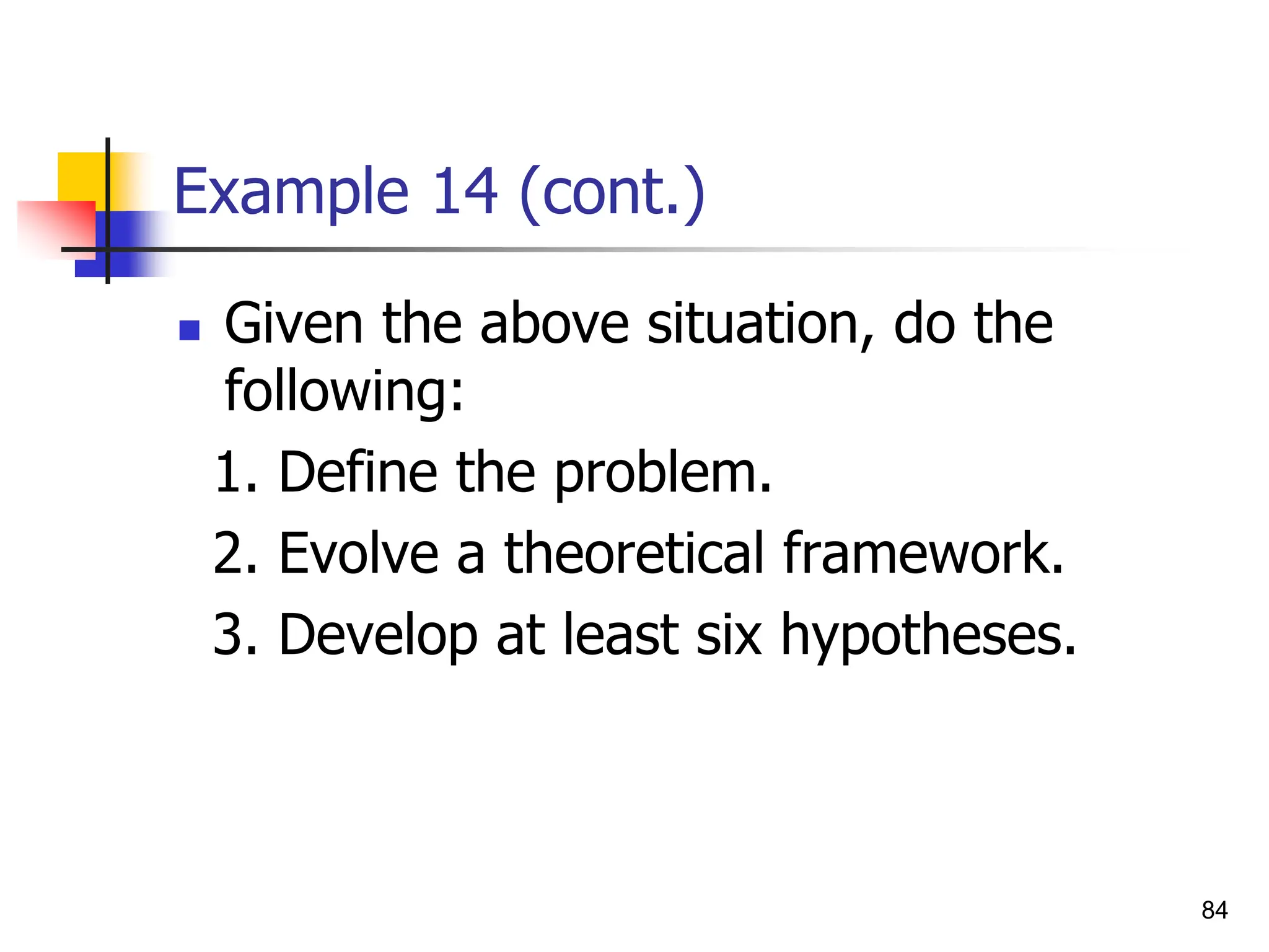 84
Example 14 (cont.)
 Given the above situation, do the
following:
1. Define the problem.
2. Evolve a theoretical framework.
3. Develop at least six hypotheses.
 