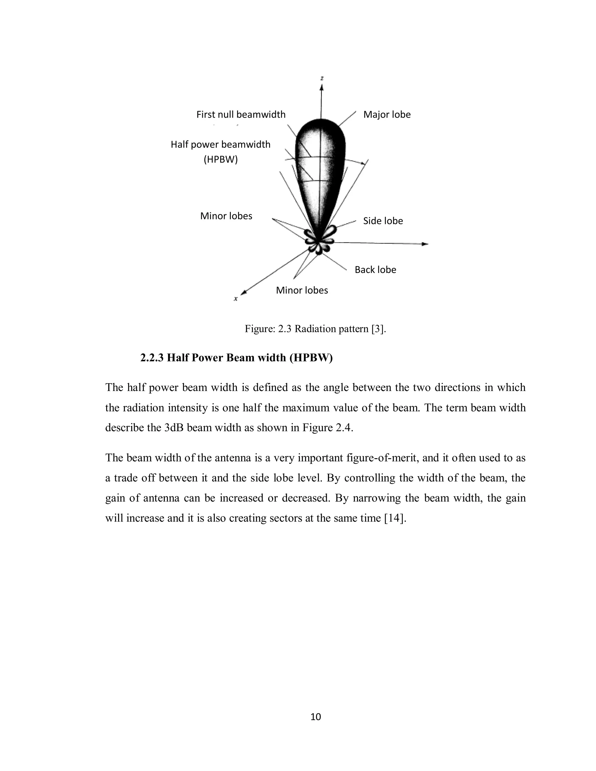 First null beamwidth                   Major lobe

              Half power beamwidth
                     (HPBW)




                     Minor lobes                           Side lobe



                                                         Back lobe
                                      Minor lobes


                               Figure: 2.3 Radiation pattern [3].

       2.2.3 Half Power Beam width (HPBW)

The half power beam width is defined as the angle between the two directions in which
the radiation intensity is one half the maximum value of the beam. The term beam width
describe the 3dB beam width as shown in Figure 2.4.

The beam width of the antenna is a very important figure-of-merit, and it often used to as
a trade off between it and the side lobe level. By controlling the width of the beam, the
gain of antenna can be increased or decreased. By narrowing the beam width, the gain
will increase and it is also creating sectors at the same time [14].




                                              10
 