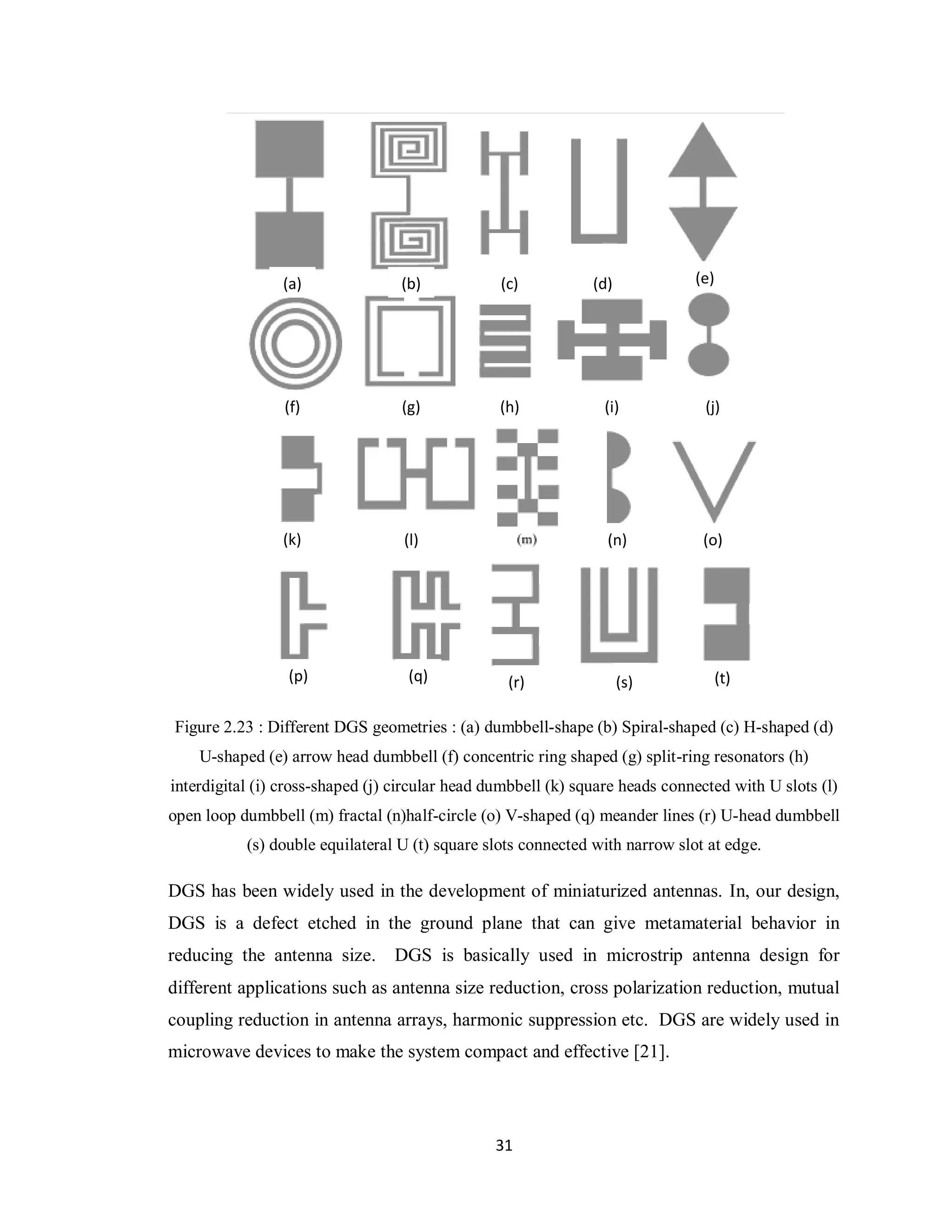 (a)               (b)            (c)           (d)            (e)




                 (f)              (g)            (h)             (i)            (j)




                (k)                (l)                           (n)           (o)




                 (p)               (q)            (r)                (s)            (t)

Figure 2.23 : Different DGS geometries : (a) dumbbell-shape (b) Spiral-shaped (c) H-shaped (d)
    U-shaped (e) arrow head dumbbell (f) concentric ring shaped (g) split-ring resonators (h)
interdigital (i) cross-shaped (j) circular head dumbbell (k) square heads connected with U slots (l)
open loop dumbbell (m) fractal (n)half-circle (o) V-shaped (q) meander lines (r) U-head dumbbell
           (s) double equilateral U (t) square slots connected with narrow slot at edge.

DGS has been widely used in the development of miniaturized antennas. In, our design,
DGS is a defect etched in the ground plane that can give metamaterial behavior in
reducing the antenna size.       DGS is basically used in microstrip antenna design for
different applications such as antenna size reduction, cross polarization reduction, mutual
coupling reduction in antenna arrays, harmonic suppression etc. DGS are widely used in
microwave devices to make the system compact and effective [21].




                                                31
 