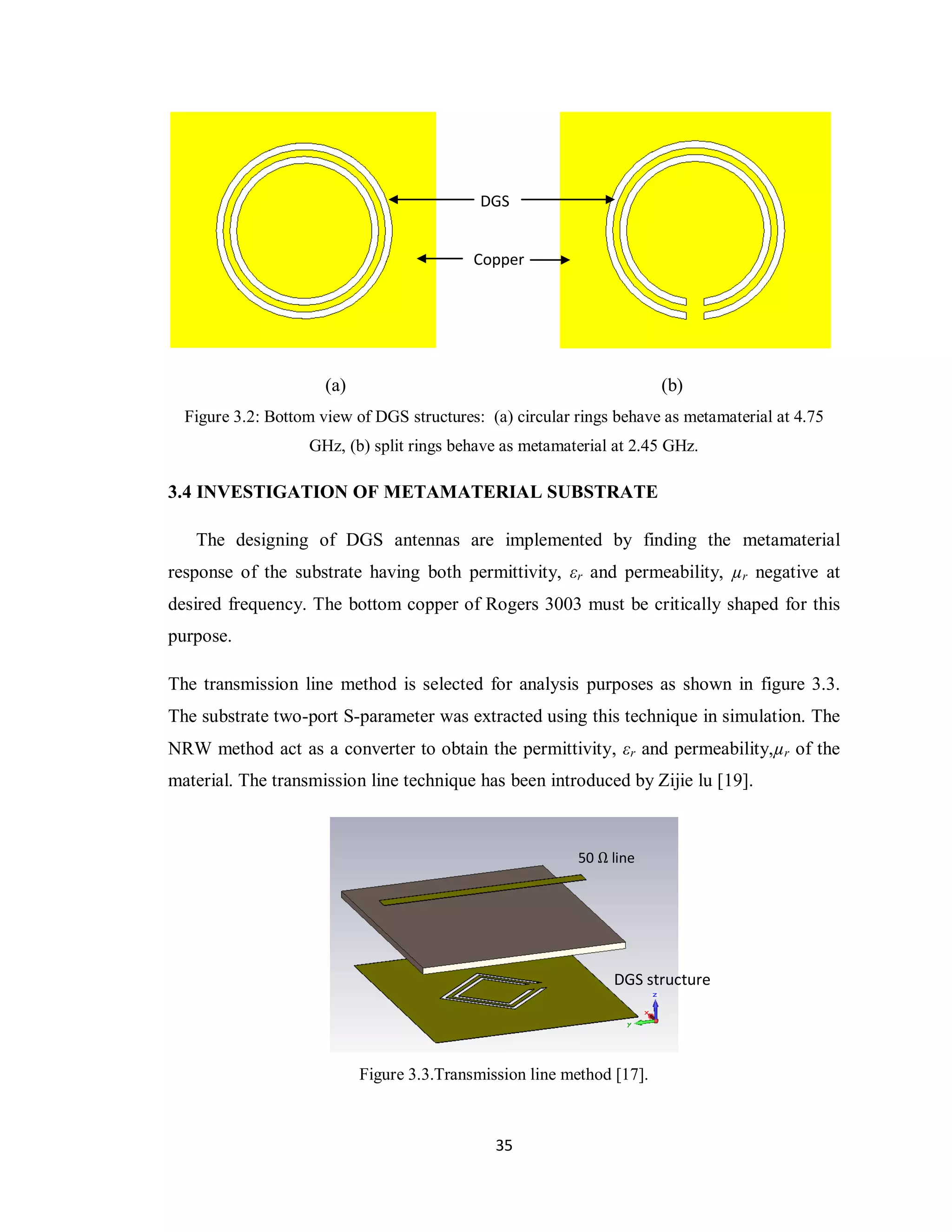 DGS


                                            Copper




                      (a)                                               (b)
  Figure 3.2: Bottom view of DGS structures: (a) circular rings behave as metamaterial at 4.75
                   GHz, (b) split rings behave as metamaterial at 2.45 GHz.

3.4 INVESTIGATION OF METAMATERIAL SUBSTRATE

   The designing of DGS antennas are implemented by finding the metamaterial
response of the substrate having both permittivity, εr and permeability, µr negative at
desired frequency. The bottom copper of Rogers 3003 must be critically shaped for this
purpose.

The transmission line method is selected for analysis purposes as shown in figure 3.3.
The substrate two-port S-parameter was extracted using this technique in simulation. The
NRW method act as a converter to obtain the permittivity, εr and permeability,µr of the
material. The transmission line technique has been introduced by Zijie lu [19].



                                                           50 Ω line




                                                                DGS structure




                            Figure 3.3.Transmission line method [17].



                                               35
 