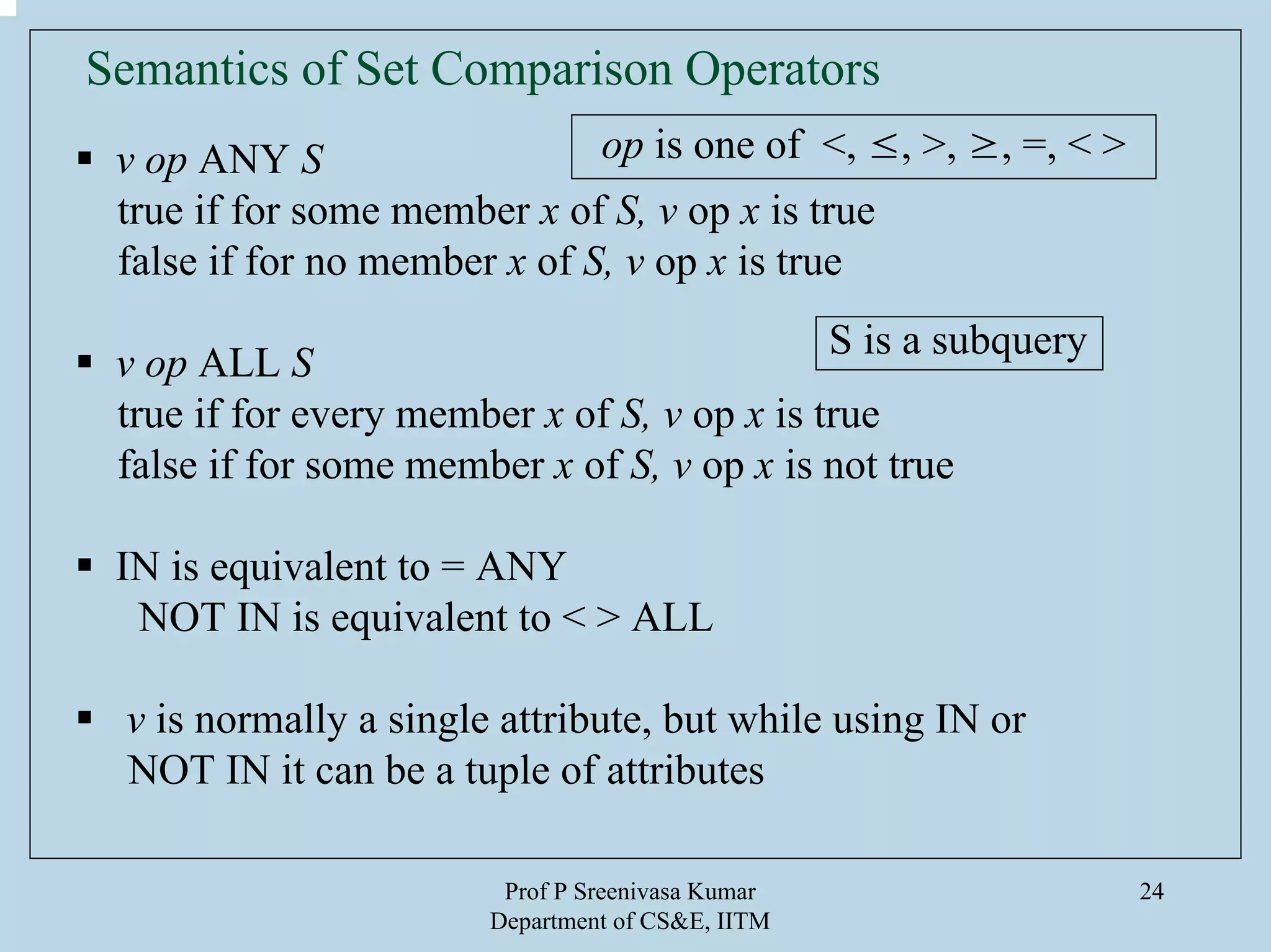 Prof P Sreenivasa Kumar
Department of CS&E, IITM
24
Semantics of Set Comparison Operators
v op ANY S
true if for some member x of S, v op x is true
false if for no member x of S, v op x is true
v op ALL S
true if for every member x of S, v op x is true
false if for some member x of S, v op x is not true
IN is equivalent to = ANY
NOT IN is equivalent to < > ALL
v is normally a single attribute, but while using IN or
NOT IN it can be a tuple of attributes
op is one of <, ≤, >, ≥, =, < >
S is a subquery
 