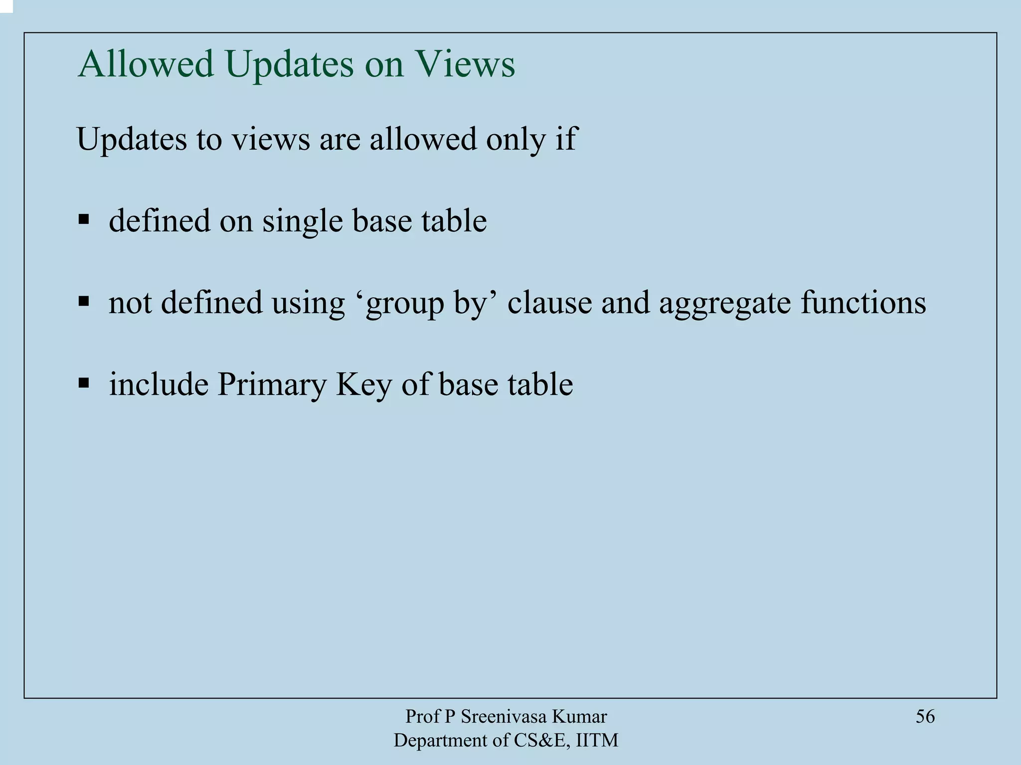Prof P Sreenivasa Kumar
Department of CS&E, IITM
56
Updates to views are allowed only if
defined on single base table
not defined using ‘group by’ clause and aggregate functions
include Primary Key of base table
Allowed Updates on Views
 