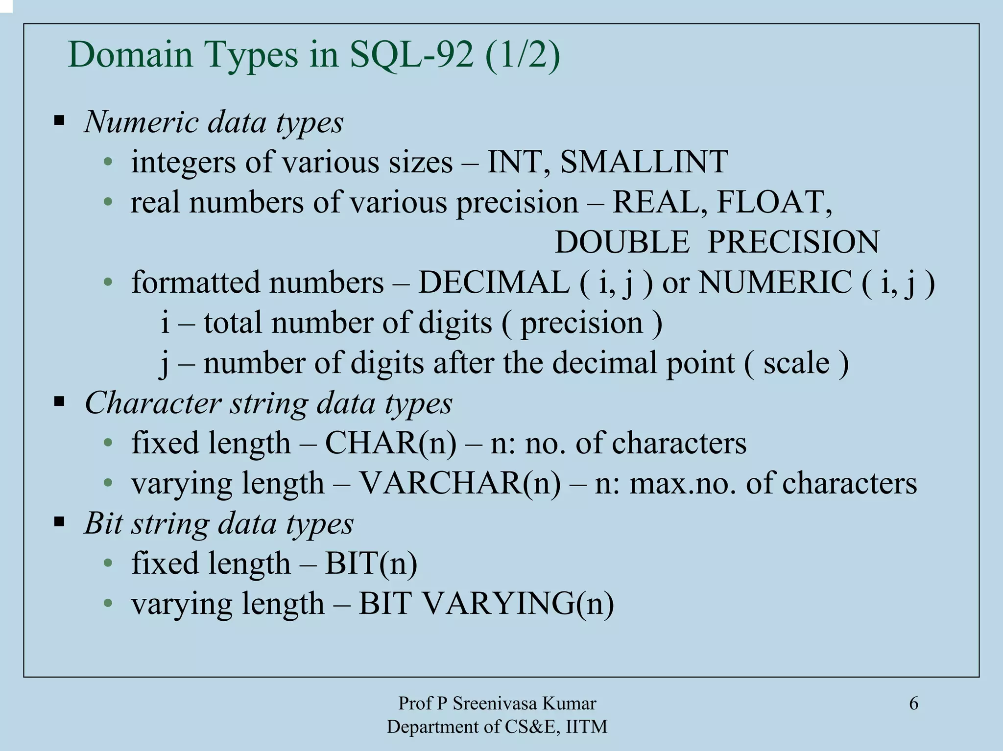 Prof P Sreenivasa Kumar
Department of CS&E, IITM
6
Domain Types in SQL-92 (1/2)
Numeric data types
• integers of various sizes – INT, SMALLINT
• real numbers of various precision – REAL, FLOAT,
DOUBLE PRECISION
• formatted numbers – DECIMAL ( i, j ) or NUMERIC ( i, j )
i – total number of digits ( precision )
j – number of digits after the decimal point ( scale )
Character string data types
• fixed length – CHAR(n) – n: no. of characters
• varying length – VARCHAR(n) – n: max.no. of characters
Bit string data types
• fixed length – BIT(n)
• varying length – BIT VARYING(n)
 