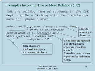 Prof P Sreenivasa Kumar
Department of CS&E, IITM
19
Examples Involving Two or More Relations (1/2)
Get the rollNo, name of students in the CSE
dept (deptNo = 3)along with their advisor’s
name and phone number.
select rollNo, s.name, f.name as advisorName,
phone as advisorPhone
from student as s, professor as f
where s.advisor = f.empId and
s.deptNo = ‘3’;
attribute
renaming in
the output
table aliases are
used to disambiguate
the common attributes
table aliases are required
if an attribute name
appears in more than
one table.
Also when same relation
appears twice in the from
clause.
 