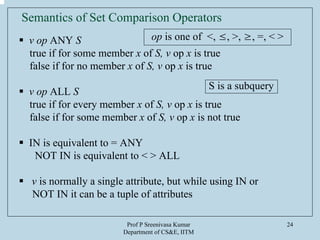 Prof P Sreenivasa Kumar
Department of CS&E, IITM
24
Semantics of Set Comparison Operators
v op ANY S
true if for some member x of S, v op x is true
false if for no member x of S, v op x is true
v op ALL S
true if for every member x of S, v op x is true
false if for some member x of S, v op x is not true
IN is equivalent to = ANY
NOT IN is equivalent to < > ALL
v is normally a single attribute, but while using IN or
NOT IN it can be a tuple of attributes
op is one of <, ≤, >, ≥, =, < >
S is a subquery
 