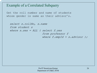 Prof P Sreenivasa Kumar
Department of CS&E, IITM
26
Example of a Correlated Subquery
Get the roll number and name of students
whose gender is same as their advisor’s.
select s.rollNo, s.name
from student s
where s.sex = ALL ( select f.sex
from professor f
where f.empId = s.advisor );
 