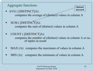 Prof P Sreenivasa Kumar
Department of CS&E, IITM
36
Aggregate functions
AVG ( [DISTINCT]A):
computes the average of (distinct) values in column A
SUM ( [DISTINCT]A):
computes the sum of (distinct) values in column A
COUNT ( [DISTINCT]A):
computes the number of (distinct) values in column A or no.
of tuples in result
MAX (A): computes the maximum of values in column A
MIN (A): computes the minimum of values in column A
Optional
keyword
 