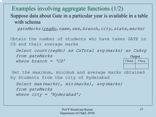 Prof P Sreenivasa Kumar
Department of CS&E, IITM
37
Examples involving aggregate functions (1/2)
Suppose data about Gate in a particular year is available in a table
with schema
gateMarks(regNo,name,sex,branch,city,state,marks)
Obtain the number of students who have taken GATE in
CS and their average marks
Select count(regNo) as CsTotal avg(marks) as CsAvg
from gateMarks
where branch = ‘CS’
Get the maximum, minimum and average marks obtained
by Students from the city of Hyderabad
Select max(marks), min(marks), avg(marks)
from gateMarks
where city = ‘Hyderabad’;
CStotal CSavg
Output
 