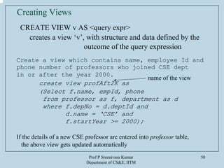 Prof P Sreenivasa Kumar
Department of CS&E, IITM
50
Creating Views
CREATE VIEW v AS <query expr>
creates a view ‘v’, with structure and data defined by the
outcome of the query expression
Create a view which contains name, employee Id and
phone number of professors who joined CSE dept
in or after the year 2000.
create view profAft2K as
(Select f.name, empId, phone
from professor as f, department as d
where f.depNo = d.deptId and
d.name = ‘CSE’ and
f.startYear >= 2000);
If the details of a new CSE professor are entered into professor table,
the above view gets updated automatically
name of the view
 