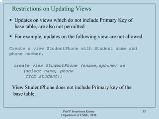 Prof P Sreenivasa Kumar
Department of CS&E, IITM
55
Updates on views which do not include Primary Key of
base table, are also not permitted
For example, updates on the following view are not allowed
Create a view StudentPhone with Student name and
phone number.
create view StudentPhone (sname,sphone) as
(select name, phone
from student);
View StudentPhone does not include Primary key of the
base table.
Restrictions on Updating Views
 