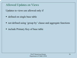Prof P Sreenivasa Kumar
Department of CS&E, IITM
56
Updates to views are allowed only if
defined on single base table
not defined using ‘group by’ clause and aggregate functions
include Primary Key of base table
Allowed Updates on Views
 