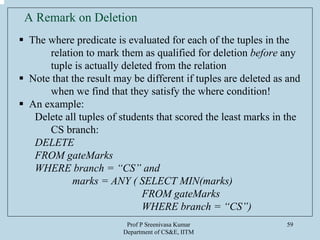 Prof P Sreenivasa Kumar
Department of CS&E, IITM
59
A Remark on Deletion
The where predicate is evaluated for each of the tuples in the
relation to mark them as qualified for deletion before any
tuple is actually deleted from the relation
Note that the result may be different if tuples are deleted as and
when we find that they satisfy the where condition!
An example:
Delete all tuples of students that scored the least marks in the
CS branch:
DELETE
FROM gateMarks
WHERE branch = “CS” and
marks = ANY ( SELECT MIN(marks)
FROM gateMarks
WHERE branch = “CS”)
 