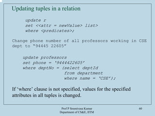Prof P Sreenivasa Kumar
Department of CS&E, IITM
60
Updating tuples in a relation
update r
set <<attr = newValue> list>
where <predicates>;
Change phone number of all professors working in CSE
dept to “94445 22605”
update professors
set phone = ‘9444422605’
where deptNo = (select deptId
from department
where name = ‘CSE’);
If ‘where’ clause is not specified, values for the specified
attributes in all tuples is changed.
 