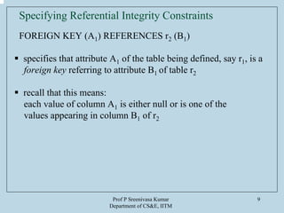 Prof P Sreenivasa Kumar
Department of CS&E, IITM
9
Specifying Referential Integrity Constraints
FOREIGN KEY (A1) REFERENCES r2 (B1)
specifies that attribute A1 of the table being defined, say r1, is a
foreign key referring to attribute B1 of table r2
recall that this means:
each value of column A1 is either null or is one of the
values appearing in column B1 of r2
 