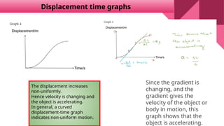 The displacement increases
non-uniformly.
Hence velocity is changing and
the object is accelerating.
In general, a curved
displacement-time graph
indicates non-uniform motion.
Displacement time graphs
Since the gradient is
changing, and the
gradient gives the
velocity of the object or
body in motion, this
graph shows that the
object is accelerating.
 