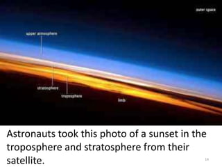 14
Astronauts took this photo of a sunset in the
troposphere and stratosphere from their
satellite.
 