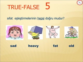 TRUE-FALSE   5 sıfat  eşleştirmelerinin  hepsi  doğru mudur? sad   heavy   fat  old 