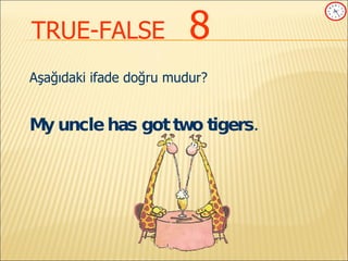TRUE-FALSE   8 Aşağıdaki ifade doğru mudur? My uncle has got two tigers.  