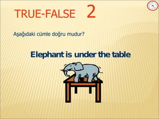 TRUE-FALSE   2 Aşağıdaki cümle doğru mudur? Elephant is under the table 