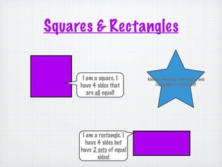 Squares & Rectangles


      I am a square. I      Always remember that shapes and
     have 4 sides that          rectangles are different!!

        are all equal!




      I am a rectangle. I
        have 4 sides but
     have 2 sets of equal
             sides!
 