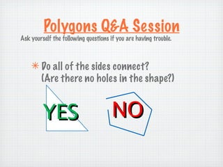 Polygons Q&A Session
Ask yourself the following questions if you are having trouble.



    ✴ Do all of the sides connect?
      (Are there no holes in the shape?)


         YES                          NO
 