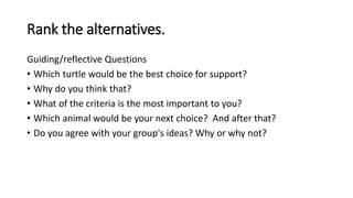 Rank the alternatives.
Guiding/reflective Questions
• Which turtle would be the best choice for support?
• Why do you think that?
• What of the criteria is the most important to you?
• Which animal would be your next choice? And after that?
• Do you agree with your group's ideas? Why or why not?
 