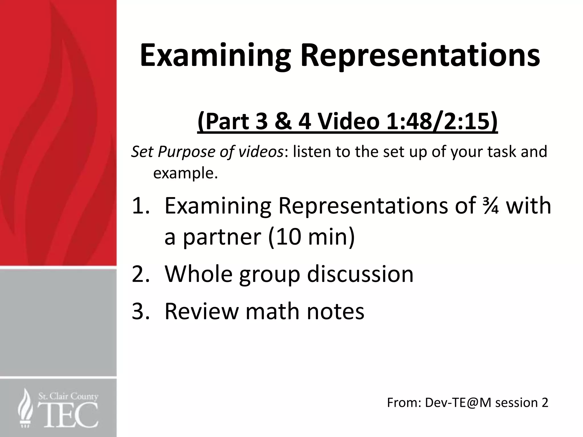 Examining Representations
         (Part 3 & 4 Video 1:48/2:15)
Set Purpose of videos: listen to the set up of your task and
   example.
1. Examining Representations of ¾ with
   a partner (10 min)
2. Whole group discussion
3. Review math notes


                                    From: Dev-TE@M session 2
 