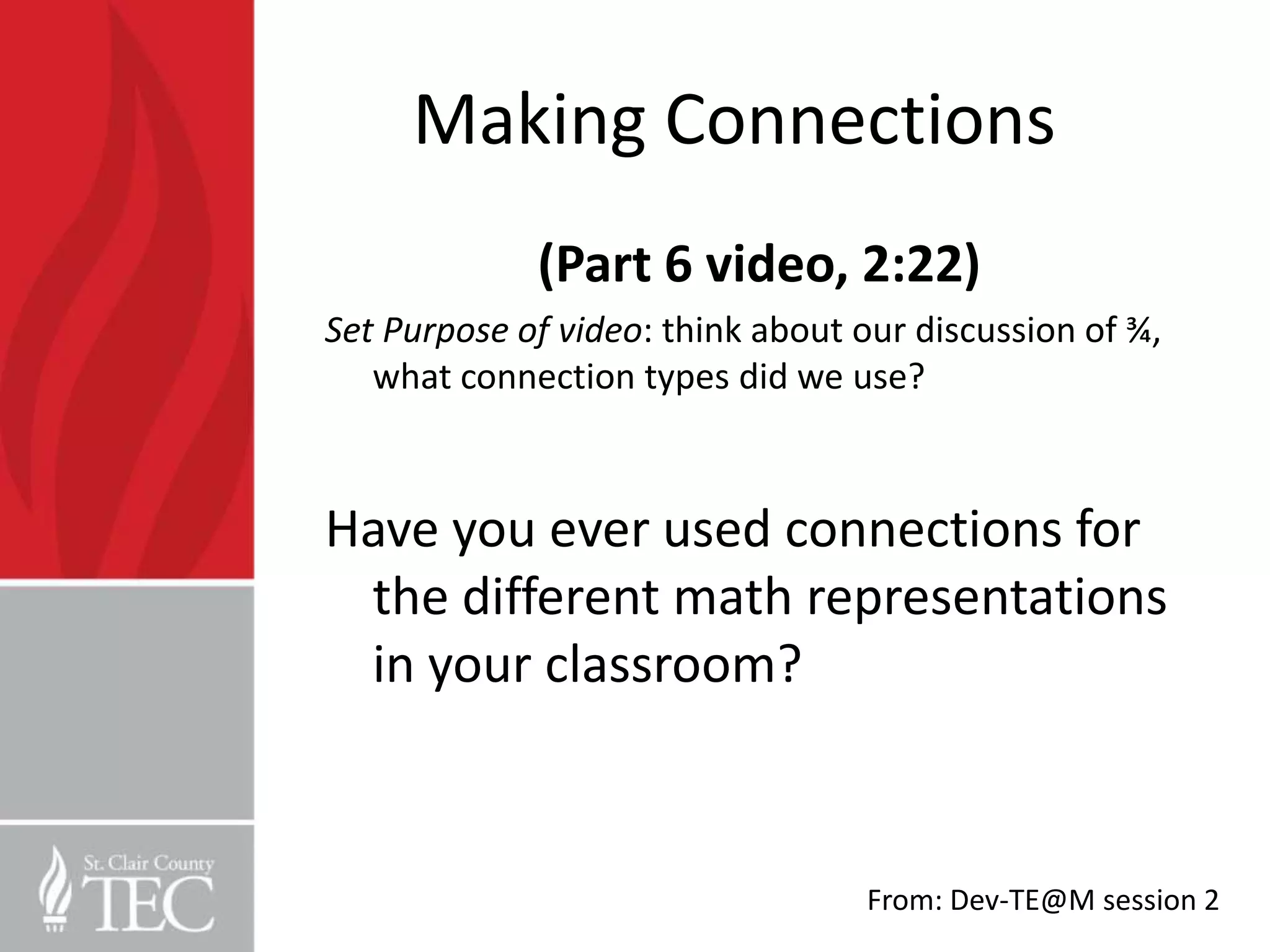 Making Connections
             (Part 6 video, 2:22)
Set Purpose of video: think about our discussion of ¾,
   what connection types did we use?



Have you ever used connections for
 the different math representations
 in your classroom?



                                  From: Dev-TE@M session 2
 