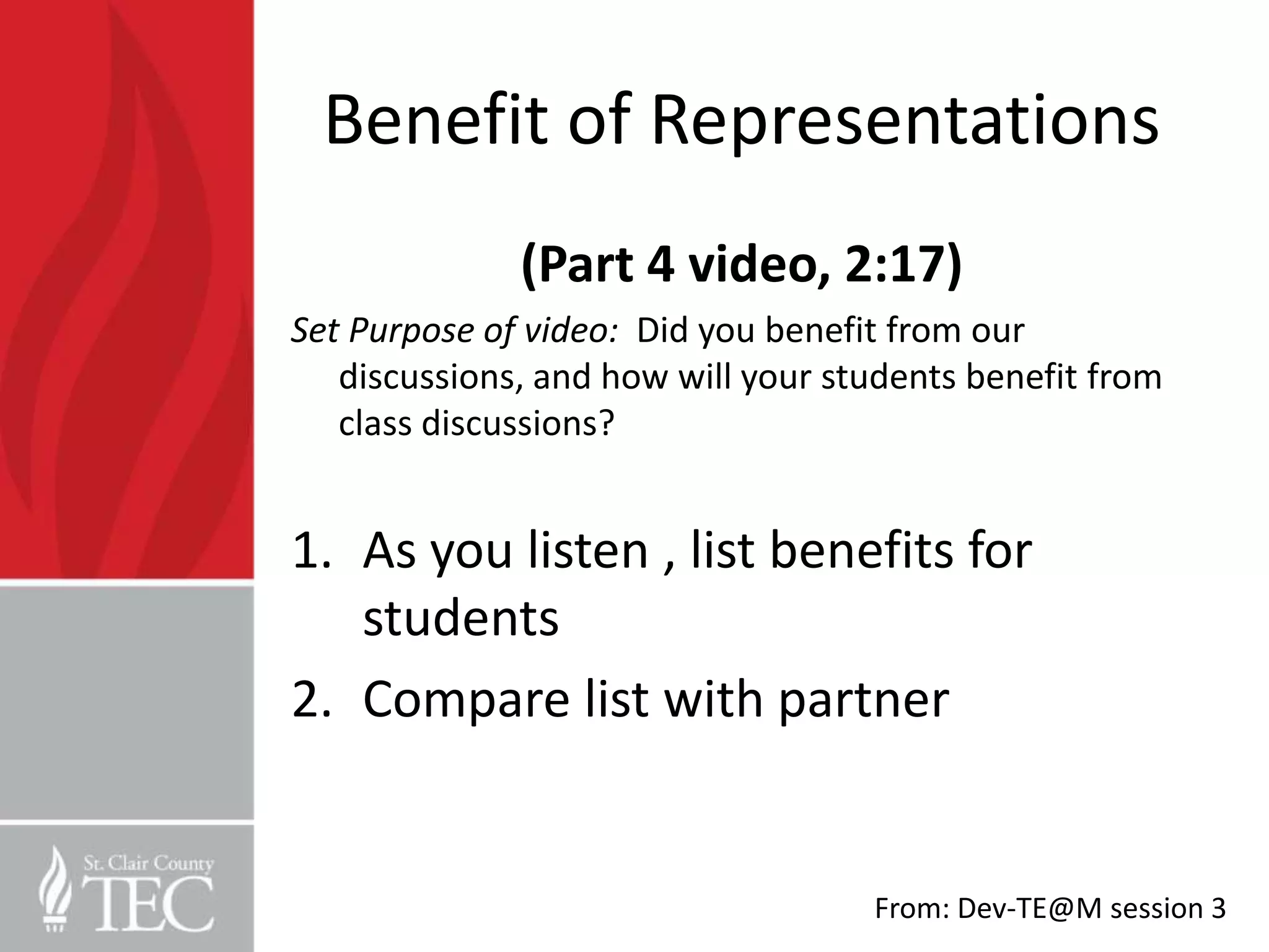 Benefit of Representations
              (Part 4 video, 2:17)
Set Purpose of video: Did you benefit from our
   discussions, and how will your students benefit from
   class discussions?


1. As you listen , list benefits for
   students
2. Compare list with partner


                                    From: Dev-TE@M session 3
 