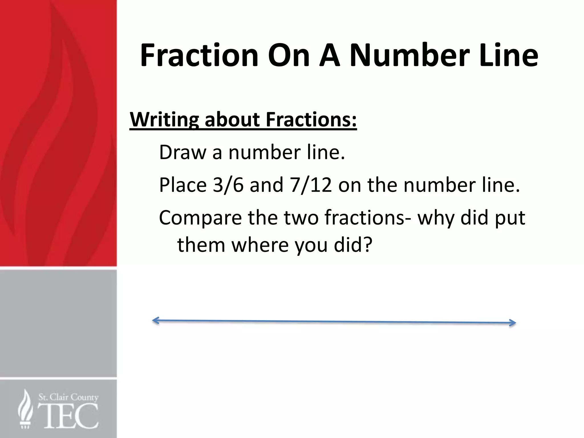 Fraction On A Number Line
Writing about Fractions:
  Draw a number line.
  Place 3/6 and 7/12 on the number line.
  Compare the two fractions- why did put
     them where you did?
 