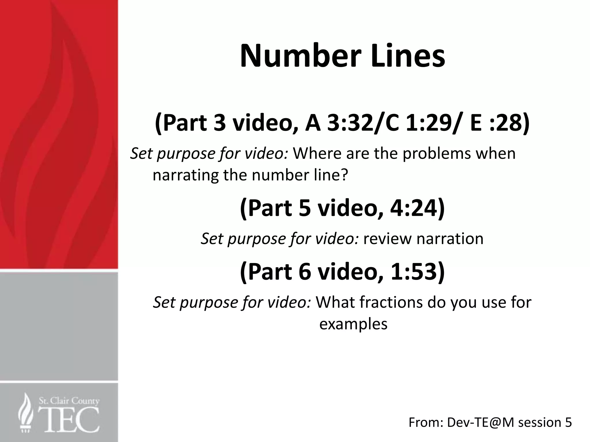 Number Lines
   (Part 3 video, A 3:32/C 1:29/ E :28)
Set purpose for video: Where are the problems when
   narrating the number line?
              (Part 5 video, 4:24)
         Set purpose for video: review narration
              (Part 6 video, 1:53)
  Set purpose for video: What fractions do you use for
                         examples




                                     From: Dev-TE@M session 5
 