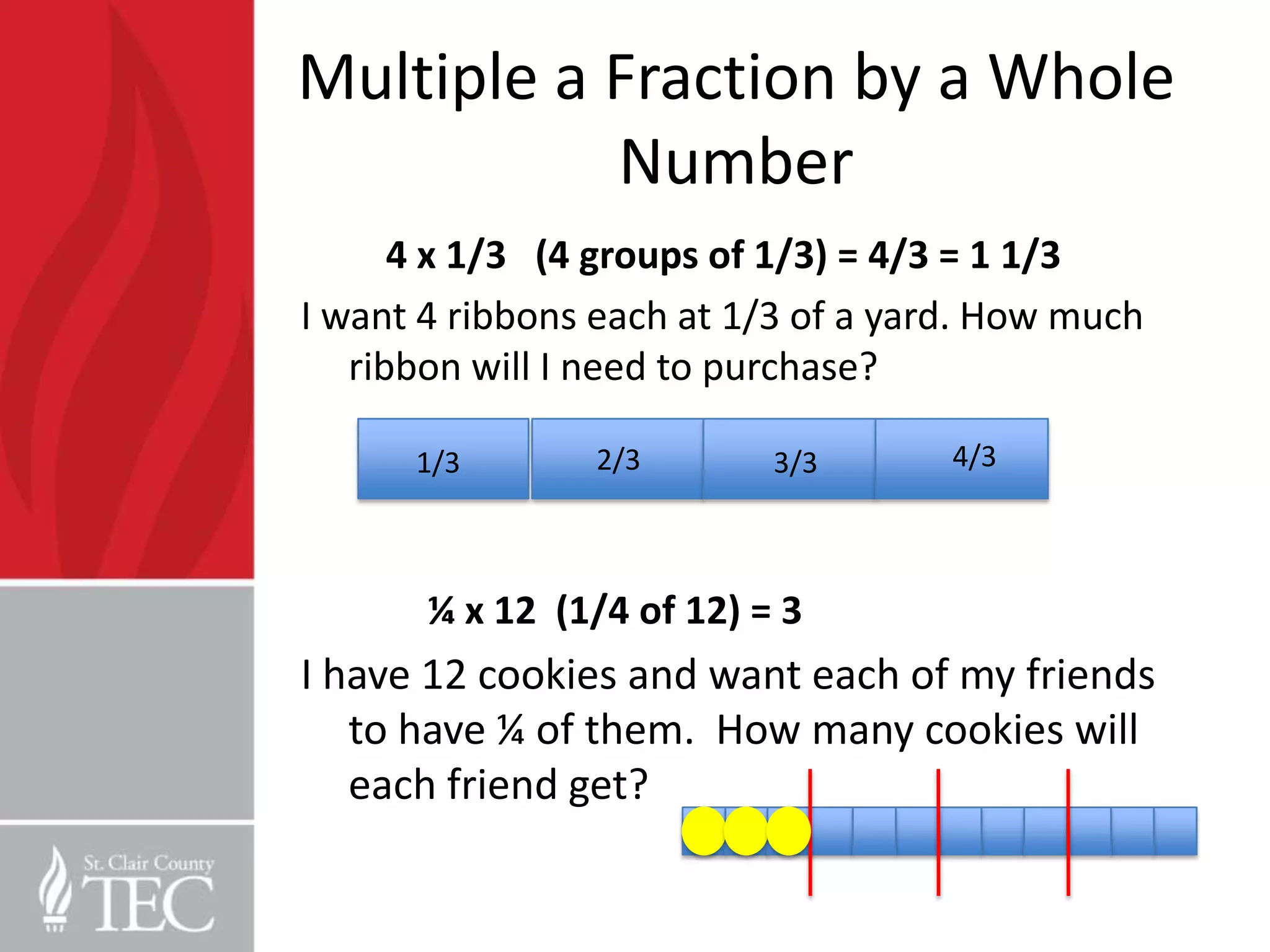 Multiple a Fraction by a Whole
           Number
      4 x 1/3 (4 groups of 1/3) = 4/3 = 1 1/3
I want 4 ribbons each at 1/3 of a yard. How much
   ribbon will I need to purchase?

      1/3       2/3        3/3       4/3



       ¼ x 12 (1/4 of 12) = 3
I have 12 cookies and want each of my friends
   to have ¼ of them. How many cookies will
   each friend get?
 