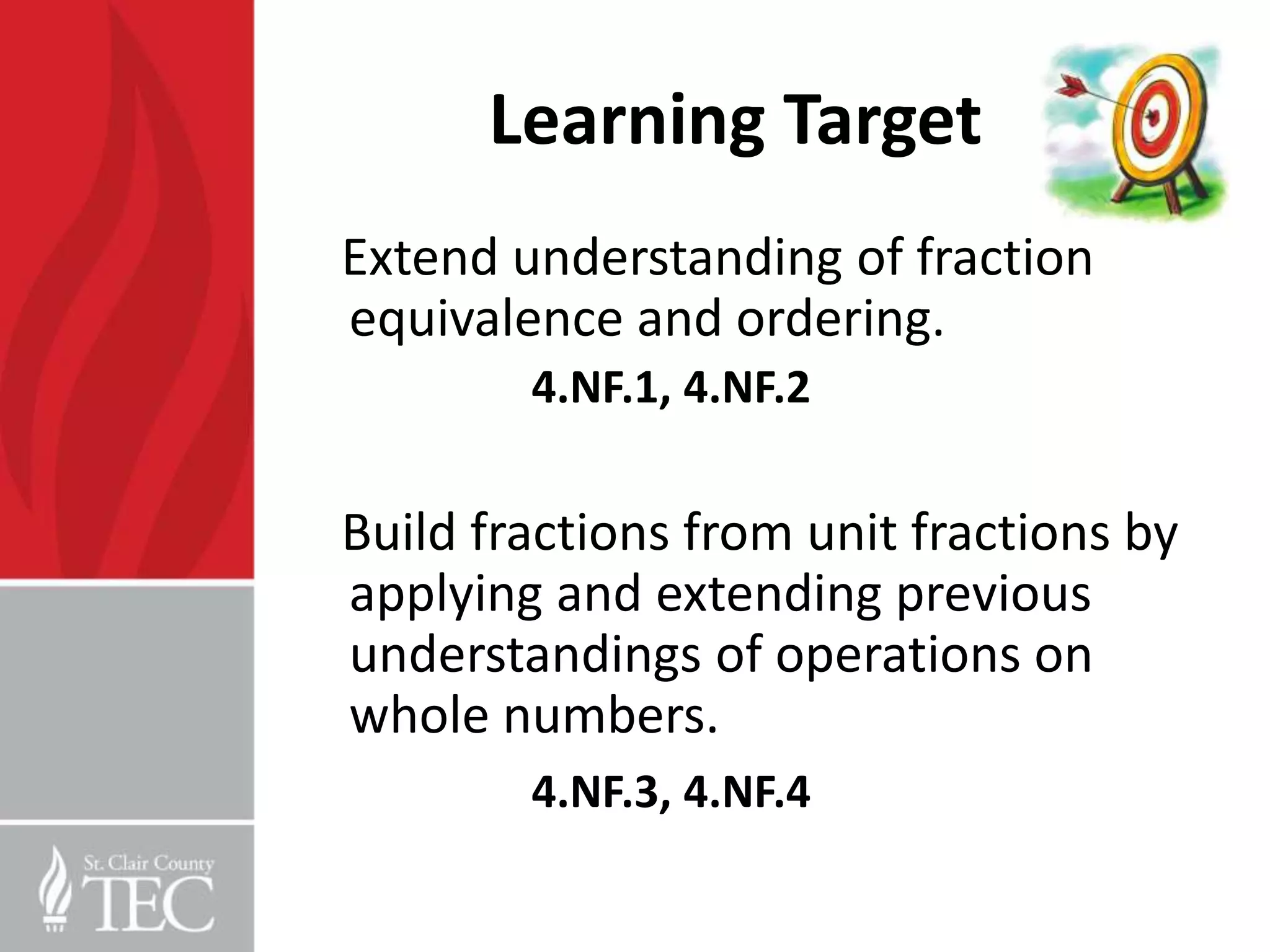 Learning Target
Extend understanding of fraction
equivalence and ordering.
        4.NF.1, 4.NF.2

Build fractions from unit fractions by
applying and extending previous
understandings of operations on
whole numbers.
        4.NF.3, 4.NF.4
 