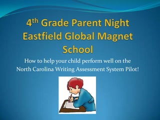 4th Grade Parent NightEastfield Global Magnet School,[object Object],How to help your child perform well on the ,[object Object],North Carolina Writing Assessment System Pilot!,[object Object]