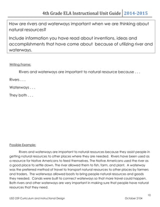 4th Grade ELA Instructional Unit Guide 2014-2015
10
USD 259 Curriculum and Instructional Design October 2104
Writing Frame:
Rivers and waterways are important to natural resource because . . .
Rivers . . .
Waterways . . .
They both . . .
Possible Example:
Rivers and waterways are important to natural resources because they assist people in
getting natural resources to other places where they are needed. Rivers have been used as
a resource for Native Americans to feed themselves. The Native Americans used the river as
a good place to settle down. The river allowed them to fish, farm, and plant. A waterway
was the preferred method of travel to transport natural resources to other places by farmers
and traders. The waterways allowed boats to bring people natural resources and goods
they needed. Canals were built to connect waterways so that more travel could happen.
Both rivers and other waterways are very important in making sure that people have natural
resources that they need.
How are rivers and waterways important when we are thinking about
natural resources?
Include information you have read about inventions, ideas and
accomplishments that have come about because of utilizing river and
waterways.
 