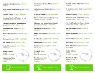 Aru Shah and the End of Time FICTION - J
CHOKSHI
At the Bottom of the World (series) FICTION
- J NYE
A Dash of Trouble FICTION - J MERIANO
Dinosaurs: Fossils and Feathers (series)
GRAPHIC NOVELS - J 567.9 REE
I Survived True Stories: Nature Attacks!
(series) NON-FICTION - J 591.6 TAR
Last Kids on Earth (series) FICTION - J
BRALLIER
Maker Lab Outdoors NON-FICTION - J 507.8
CHA
Overboard! (series) FICTION - J JOHNSON
Real Friends GRAPHIC NOVELS - J HALE
Tomb of Terror (series) NON-FICTION - J
932.01 KNA
Wedgie & Gizmo
(series)
FICTION - J SELFORS
The Wizards of Once
(series) FICTION - J
COWELL
Aru Shah and the End of Time FICTION - J
CHOKSHI
At the Bottom of the World (series) FICTION
- J NYE
A Dash of Trouble FICTION - J MERIANO
Dinosaurs: Fossils and Feathers (series)
GRAPHIC NOVELS - J 567.9 REE
I Survived True Stories: Nature Attacks!
(series) NON-FICTION - J 591.6 TAR
Last Kids on Earth (series) FICTION - J
BRALLIER
Maker Lab Outdoors NON-FICTION - J 507.8
CHA
Overboard! (series) FICTION - J JOHNSON
Real Friends GRAPHIC NOVELS - J HALE
Tomb of Terror (series) NON-FICTION - J
932.01 KNA
Wedgie & Gizmo
(series)
FICTION - J SELFORS
The Wizards of Once
(series) FICTION - J
COWELL
Aru Shah and the End of Time FICTION - J
CHOKSHI
At the Bottom of the World (series) FICTION
- J NYE
A Dash of Trouble FICTION - J MERIANO
Dinosaurs: Fossils and Feathers (series)
GRAPHIC NOVELS - J 567.9 REE
I Survived True Stories: Nature Attacks!
(series) NON-FICTION - J 591.6 TAR
Last Kids on Earth (series) FICTION - J
BRALLIER
Maker Lab Outdoors NON-FICTION - J 507.8
CHA
Overboard! (series) FICTION - J JOHNSON
Real Friends GRAPHIC NOVELS - J HALE
Tomb of Terror (series) NON-FICTION - J
932.01 KNA
Wedgie & Gizmo
(series)
FICTION - J SELFORS
The Wizards of Once
(series) FICTION - J
COWELL
 