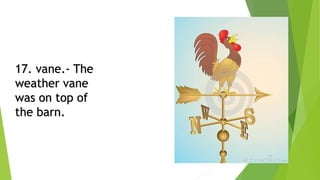 17. vane.- The
weather vane
was on top of
the barn.
 