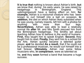 It is true that nothing is known about Adrian’s birth, but
we know that, during his early years, he was raised by
hedgehogs        in    Birmingham,      England.      This
upbringingwould have a lasting effect on him; for
example, Adrian is a nocturnal creature who has been
known to curl himself into a ball on occasion. In
addition, the diet on which Adrian likely subsisted when
he was young, namely insects, left him with a phobia for
anything       with      more     than      four     legs.
Nevertheless, Adrian was able to lead a relatively
normal life after Mr. and Mrs Smith rescued him from
the Birmingham hedgehogs. The Smiths set about
teaching Adrian how to behave in the world of humans.
First, they taught him to speak English. Second, they
taught him to read. Finally, they sent him to a school for
the Arts. Adrian quickly became a talented guitar
player, and he decided As a result, that if he could not
be a professional musician, he would curl himself into a
ball forever. Ultimately, Adrian met some fellow
musicians who, in comparison, were as talented as
he, and they soon formed a band that became a huge
success.
 