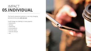 The fourth industrial revolution is not only changing
what we do but also who we are.
It will change our identity in many aspects:
• behaviours
• privacy
• ownership
• consumptions
• time for work
• time for leisure
• etc.
INDIVIDUAL
IMPACT
ARTIFICIAL POWER
05.
 