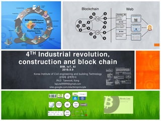 4TH Industrial revolution,
construction and block chain
BIM, IoT, AI
2018.9.9
Korea Institute of Civil engineering and building Technology
강태욱 공학박사
Ph.D Taewook, Kang
laputa99999@gmail.com
sites.google.com/site/bimprinciple
AI
GPU
Open
data
Open
source
Collective
Intelligence
TPU
 