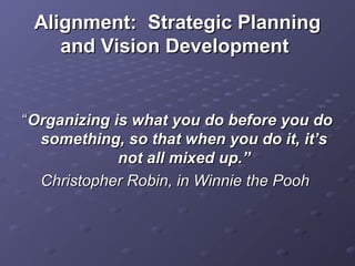 Alignment: Strategic PlanningAlignment: Strategic Planning
and Vision Developmentand Vision Development
““Organizing is what you do before you doOrganizing is what you do before you do
something, so that when you do it, it’ssomething, so that when you do it, it’s
not all mixed up.”not all mixed up.”
Christopher Robin, in Winnie the PoohChristopher Robin, in Winnie the Pooh
 