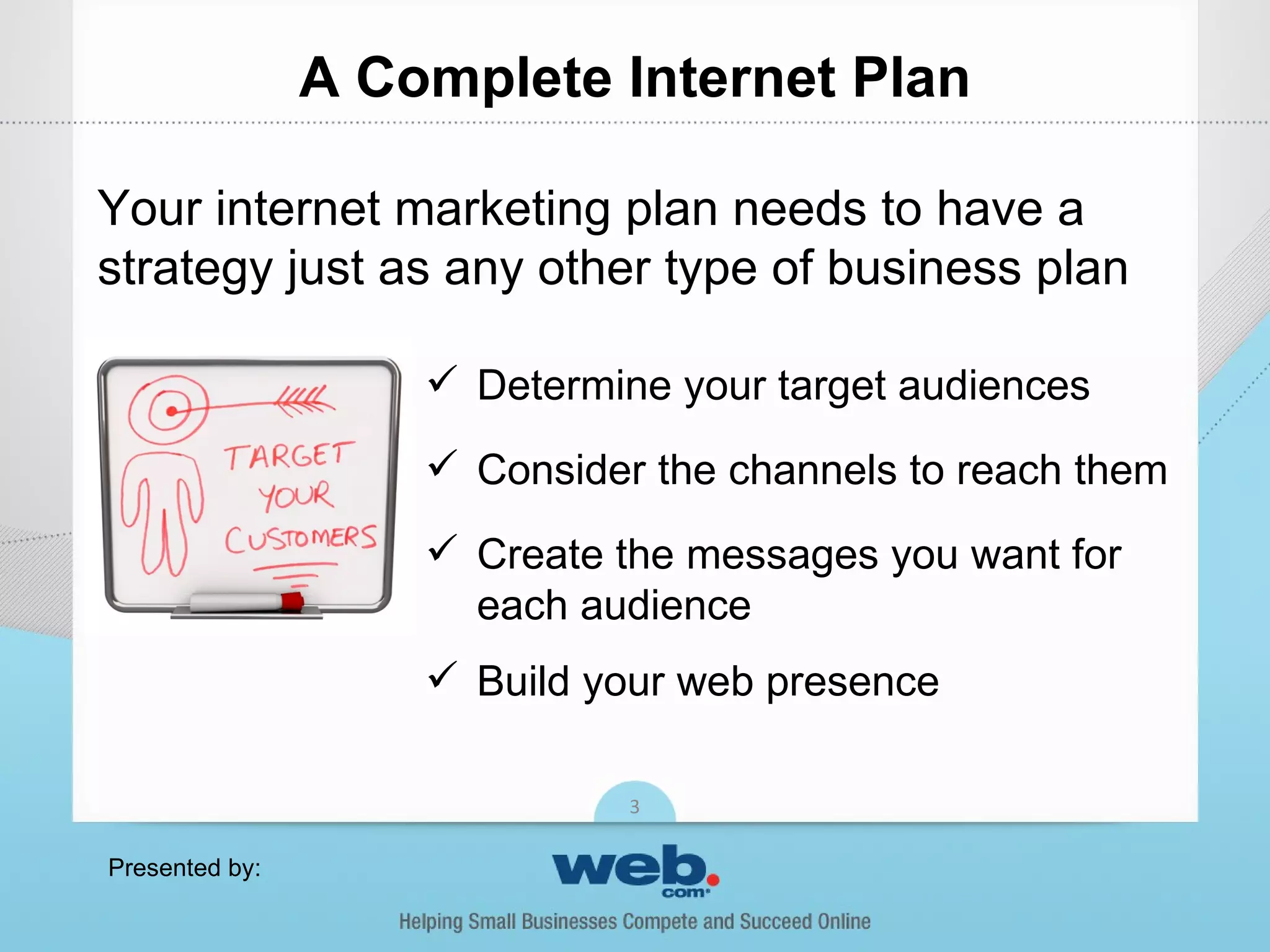 A Complete Internet Plan

Your internet marketing plan needs to have a
strategy just as any other type of business plan

                     Determine your target audiences
                     Consider the channels to reach them

                     Create the messages you want for
                      each audience
                     Build your web presence

                              3

Presented by:
 